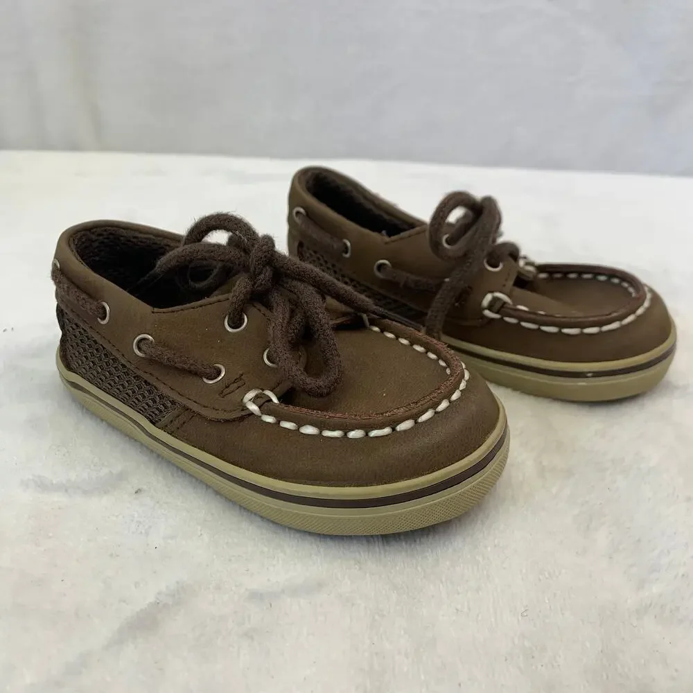 Sperry Toddler Sz 4 Top-Sider Infant Boat Shoes Borwn Faux Leather Casual Preppy